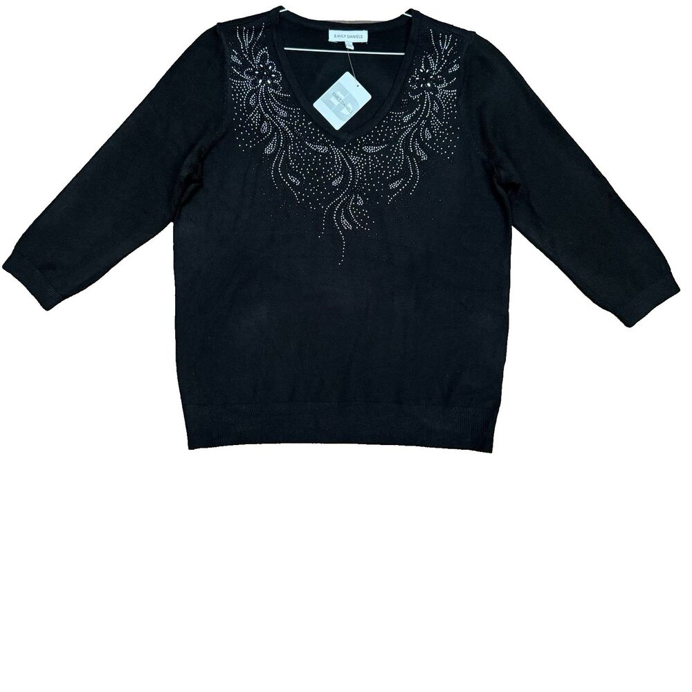 EMILY DANIELS Embellish 3/4 Sleeve Pullover FANCY Sweater V Neck Size L Black